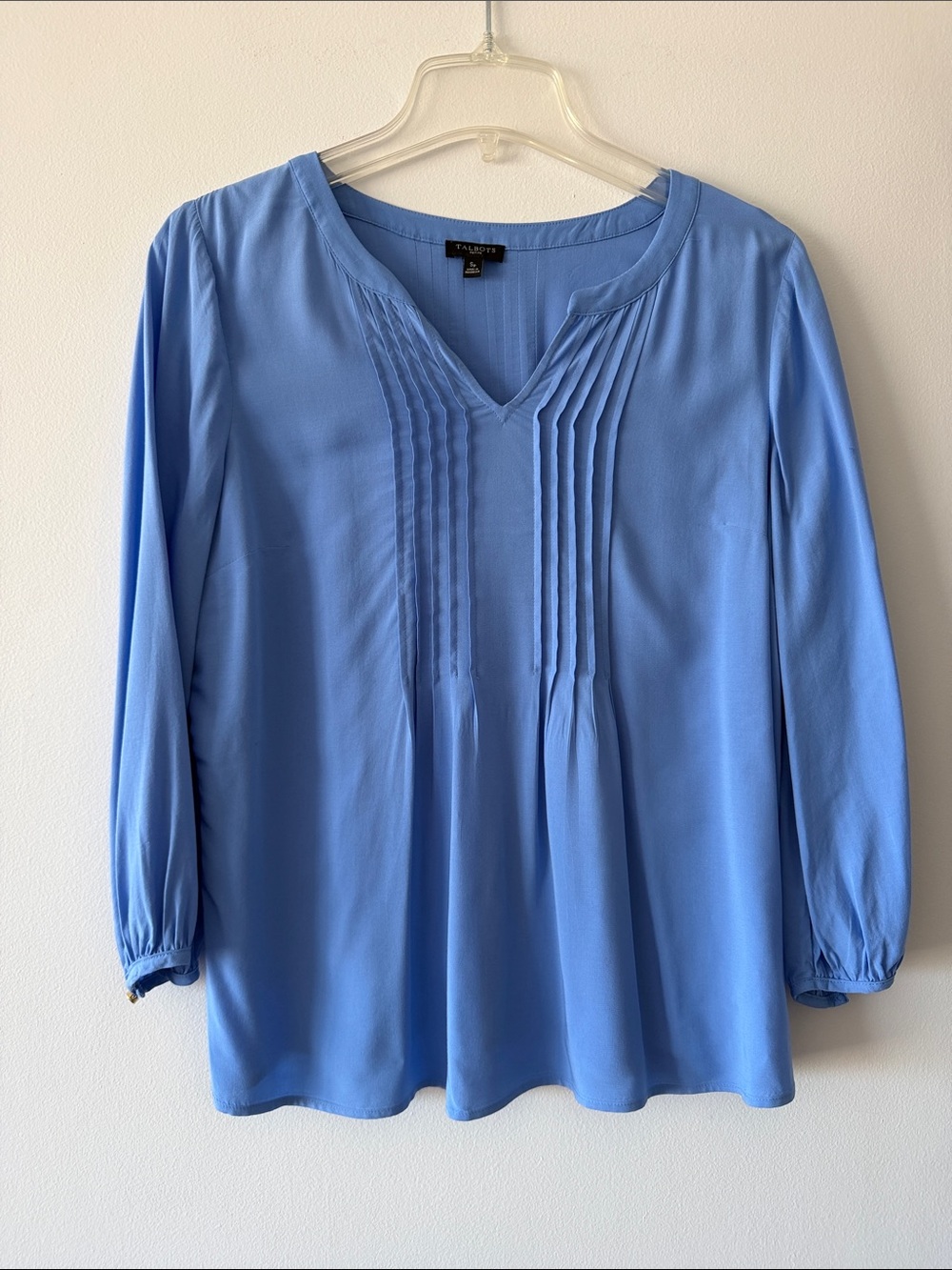 Talbots Petite Blue Pleated Pintuck Rayon Blouse Size SP 3/4 Sleeve Top
